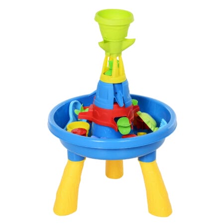 Bunter Sandkasten, der auch als Wasserspieltisch genutzt werden kann. Ein vielseitiges Spielzeug für kreatives Spielen mit Sand und Wasser im Garten.