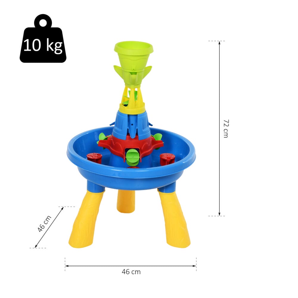 Bunter Sandkasten, der auch als Wasserspieltisch genutzt werden kann. Ein vielseitiges Spielzeug für kreatives Spielen mit Sand und Wasser im Garten.