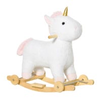 Weisses 2-in-1 Schaukelpferd, das sich dank Rädern auch als Rutschfahrzeug nutzen lässt. Eine vielseitige Kinderschaukel für doppelten Spielspass und Entwicklung der Motorik.