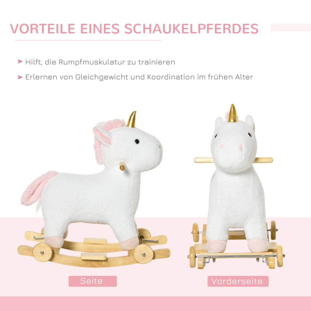 Weisses 2-in-1 Schaukelpferd, das sich dank Rädern auch als Rutschfahrzeug nutzen lässt. Eine vielseitige Kinderschaukel für doppelten Spielspass und Entwicklung der Motorik.
