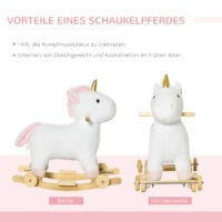 Weisses 2-in-1 Schaukelpferd, das sich dank Rädern auch als Rutschfahrzeug nutzen lässt. Eine vielseitige Kinderschaukel für doppelten Spielspass und Entwicklung der Motorik.