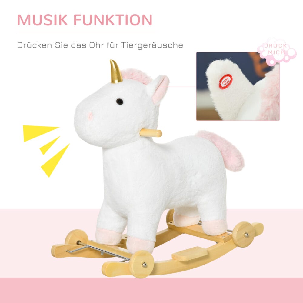 Weisses 2-in-1 Schaukelpferd, das sich dank Rädern auch als Rutschfahrzeug nutzen lässt. Eine vielseitige Kinderschaukel für doppelten Spielspass und Entwicklung der Motorik.