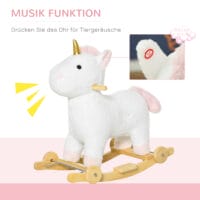 Weisses 2-in-1 Schaukelpferd, das sich dank Rädern auch als Rutschfahrzeug nutzen lässt. Eine vielseitige Kinderschaukel für doppelten Spielspass und Entwicklung der Motorik.