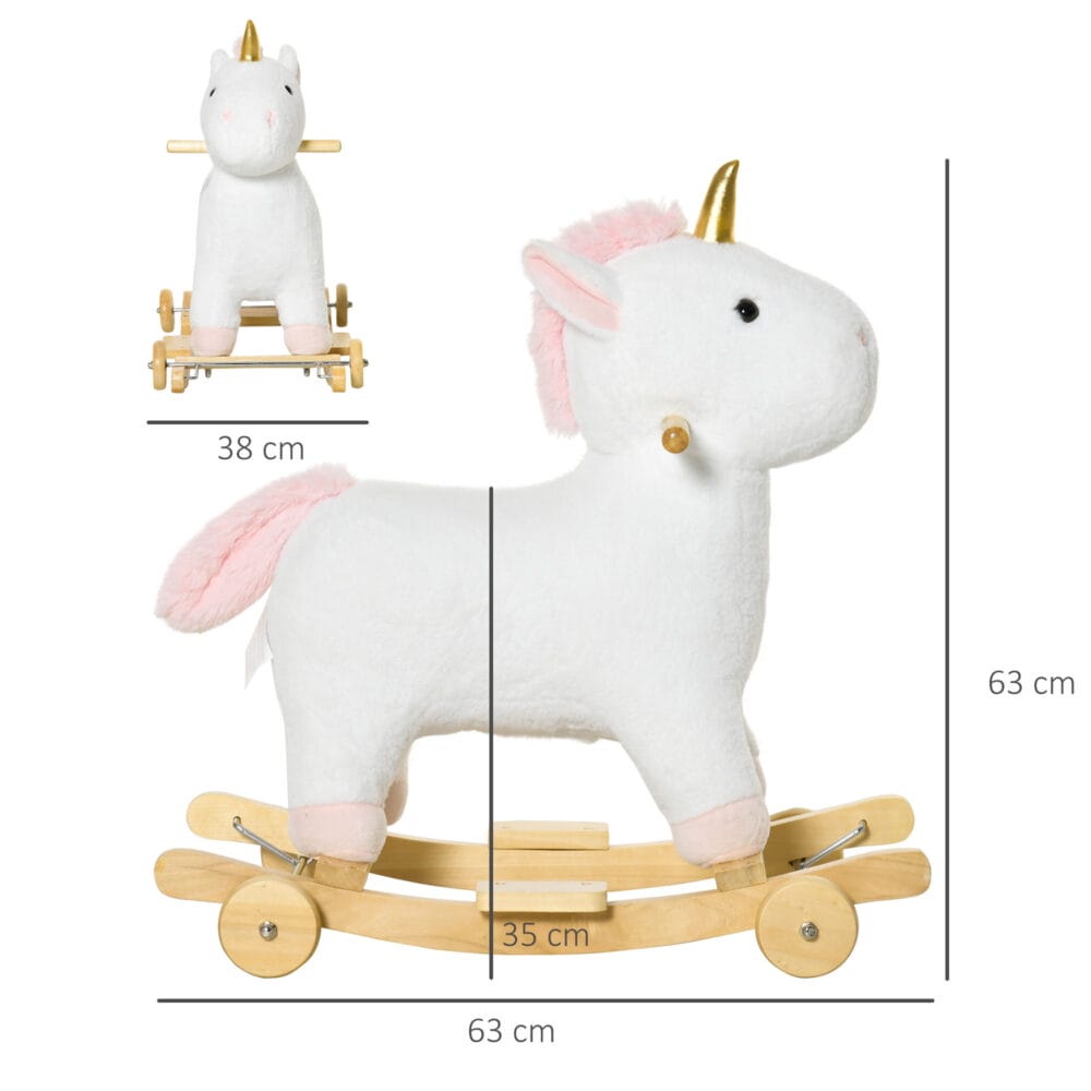 Weisses 2-in-1 Schaukelpferd, das sich dank Rädern auch als Rutschfahrzeug nutzen lässt. Eine vielseitige Kinderschaukel für doppelten Spielspass und Entwicklung der Motorik.