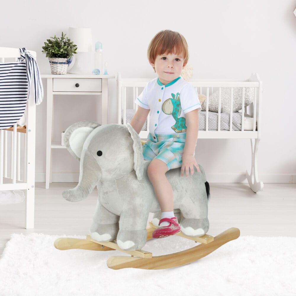 Graues Schaukeltier in niedlicher Elefanten-Plüschoptik, geeignet für Kinder von 2-4 Jahren. Es bietet sanftes Schaukeln und ist eine kuschelige Ergänzung fürs Kinderzimmer.