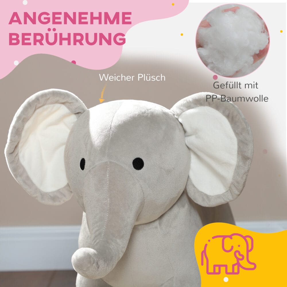 Graues Schaukeltier in niedlicher Elefanten-Plüschoptik, geeignet für Kinder von 2-4 Jahren. Es bietet sanftes Schaukeln und ist eine kuschelige Ergänzung fürs Kinderzimmer.