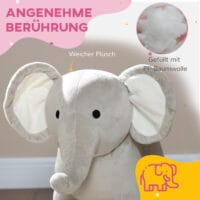 Graues Schaukeltier in niedlicher Elefanten-Plüschoptik, geeignet für Kinder von 2-4 Jahren. Es bietet sanftes Schaukeln und ist eine kuschelige Ergänzung fürs Kinderzimmer.