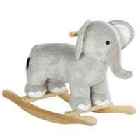 Graues Schaukeltier in niedlicher Elefanten-Plüschoptik, geeignet für Kinder von 2-4 Jahren. Es bietet sanftes Schaukeln und ist eine kuschelige Ergänzung fürs Kinderzimmer.