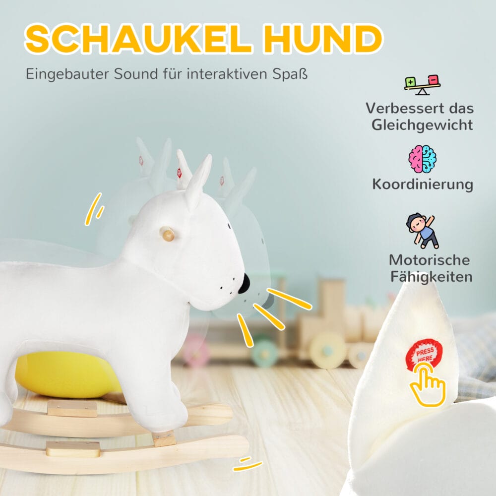 Weisses Plüsch-Schaukeltier in Form eines süssen Hundes mit Soundeffekten, ideal für Kinder von 2-4 Jahren. Ein treuer Spielkamerad, der zum Schaukeln einlädt.