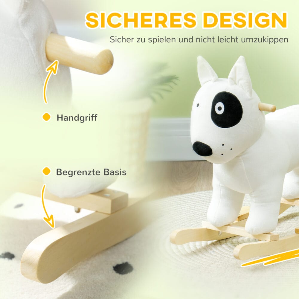 Weisses Plüsch-Schaukeltier in Form eines süssen Hundes mit Soundeffekten, ideal für Kinder von 2-4 Jahren. Ein treuer Spielkamerad, der zum Schaukeln einlädt.