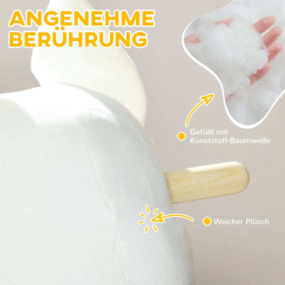 Weisses Plüsch-Schaukeltier in Form eines süssen Hundes mit Soundeffekten, ideal für Kinder von 2-4 Jahren. Ein treuer Spielkamerad, der zum Schaukeln einlädt.