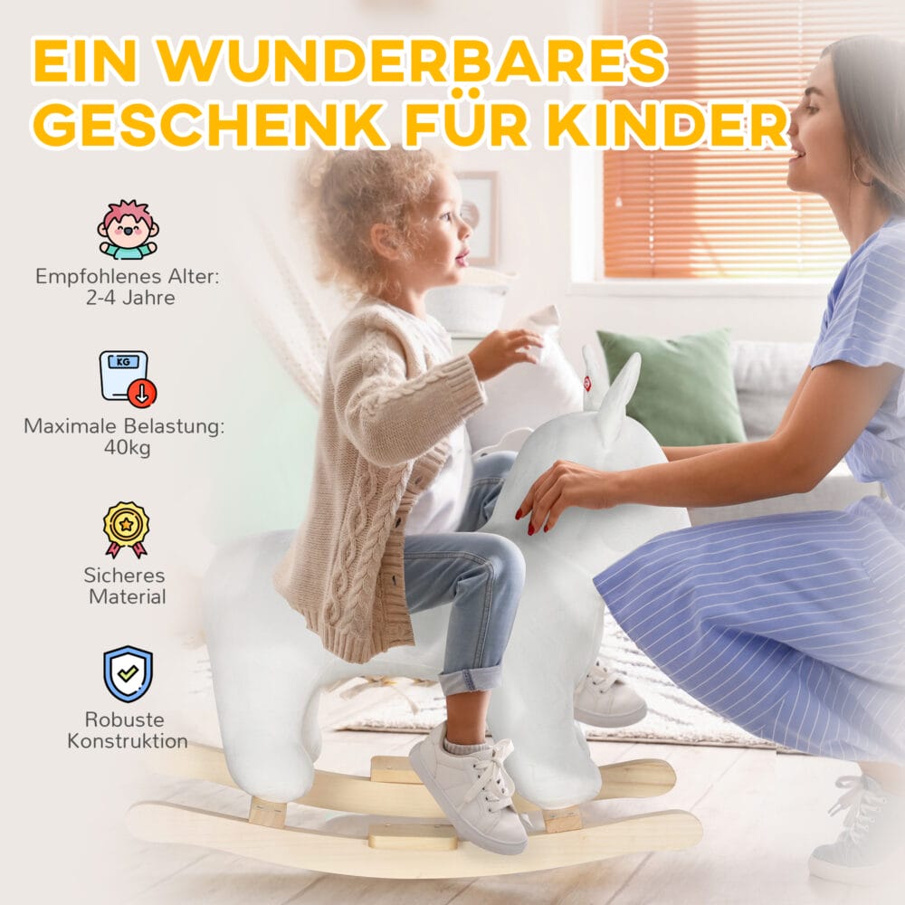 Weisses Plüsch-Schaukeltier in Form eines süssen Hundes mit Soundeffekten, ideal für Kinder von 2-4 Jahren. Ein treuer Spielkamerad, der zum Schaukeln einlädt.