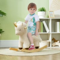 Weisses Schaukeltier in Form eines magischen Einhorns mit Soundeffekten, perfekt für Kinder von 2-4 Jahren. Es bringt Fantasie und Bewegung ins Spielzimmer.