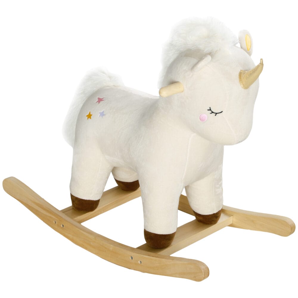 Weisses Schaukeltier in Form eines magischen Einhorns mit Soundeffekten, perfekt für Kinder von 2-4 Jahren. Es bringt Fantasie und Bewegung ins Spielzimmer.