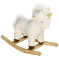 Weisses Schaukeltier in Form eines magischen Einhorns mit Soundeffekten, perfekt für Kinder von 2-4 Jahren. Es bringt Fantasie und Bewegung ins Spielzimmer.