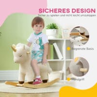Weisses Schaukeltier in Form eines magischen Einhorns mit Soundeffekten, perfekt für Kinder von 2-4 Jahren. Es bringt Fantasie und Bewegung ins Spielzimmer.