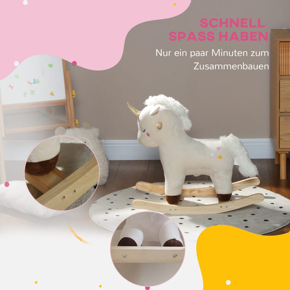 Weisses Schaukeltier in Form eines magischen Einhorns mit Soundeffekten, perfekt für Kinder von 2-4 Jahren. Es bringt Fantasie und Bewegung ins Spielzimmer.