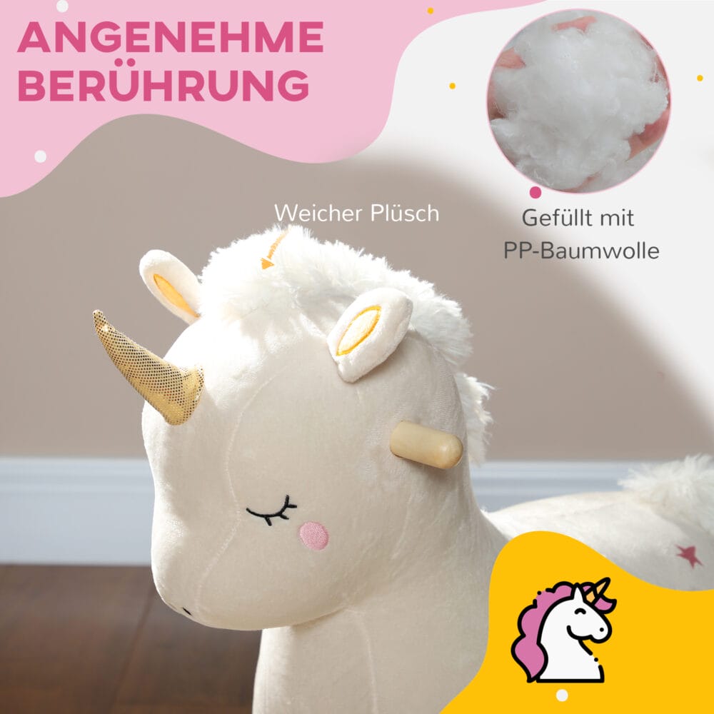 Weisses Schaukeltier in Form eines magischen Einhorns mit Soundeffekten, perfekt für Kinder von 2-4 Jahren. Es bringt Fantasie und Bewegung ins Spielzimmer.