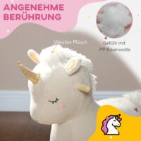 Weisses Schaukeltier in Form eines magischen Einhorns mit Soundeffekten, perfekt für Kinder von 2-4 Jahren. Es bringt Fantasie und Bewegung ins Spielzimmer.