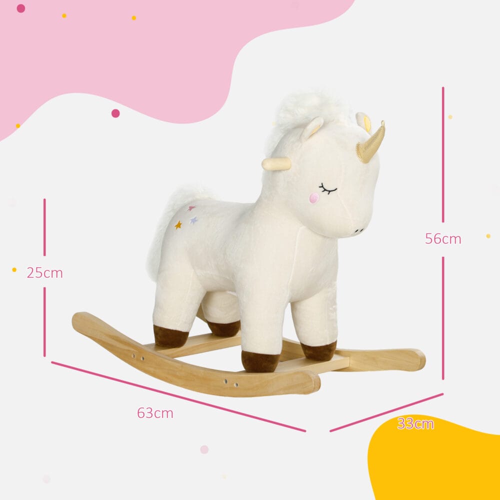 Weisses Schaukeltier in Form eines magischen Einhorns mit Soundeffekten, perfekt für Kinder von 2-4 Jahren. Es bringt Fantasie und Bewegung ins Spielzimmer.