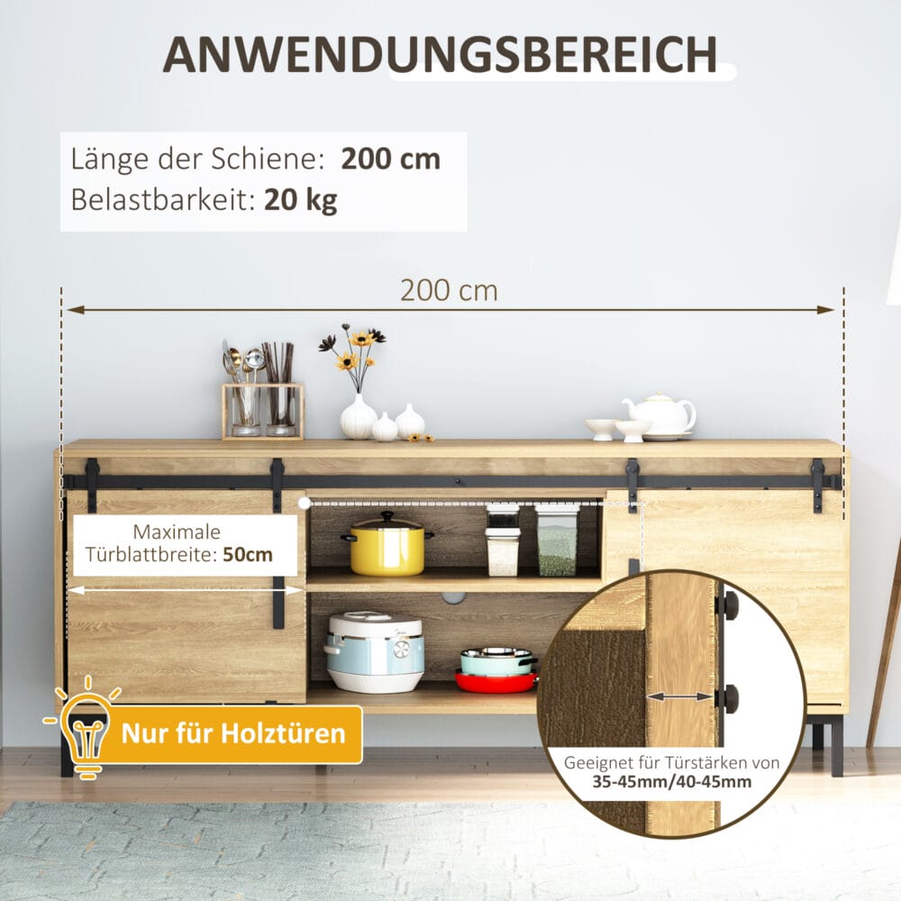 Schwarzer Schiebetürbeschlag für zwei Schiebetüren.