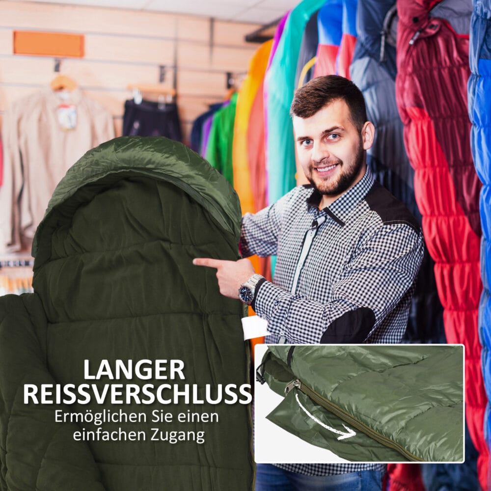 Schlafsack als Deckenschlafsack, klappbar für 3–4 Jahreszeiten, Farbe Grün.
