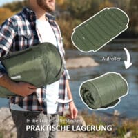 Schlafsack als Deckenschlafsack, klappbar für 3–4 Jahreszeiten, Farbe Grün.