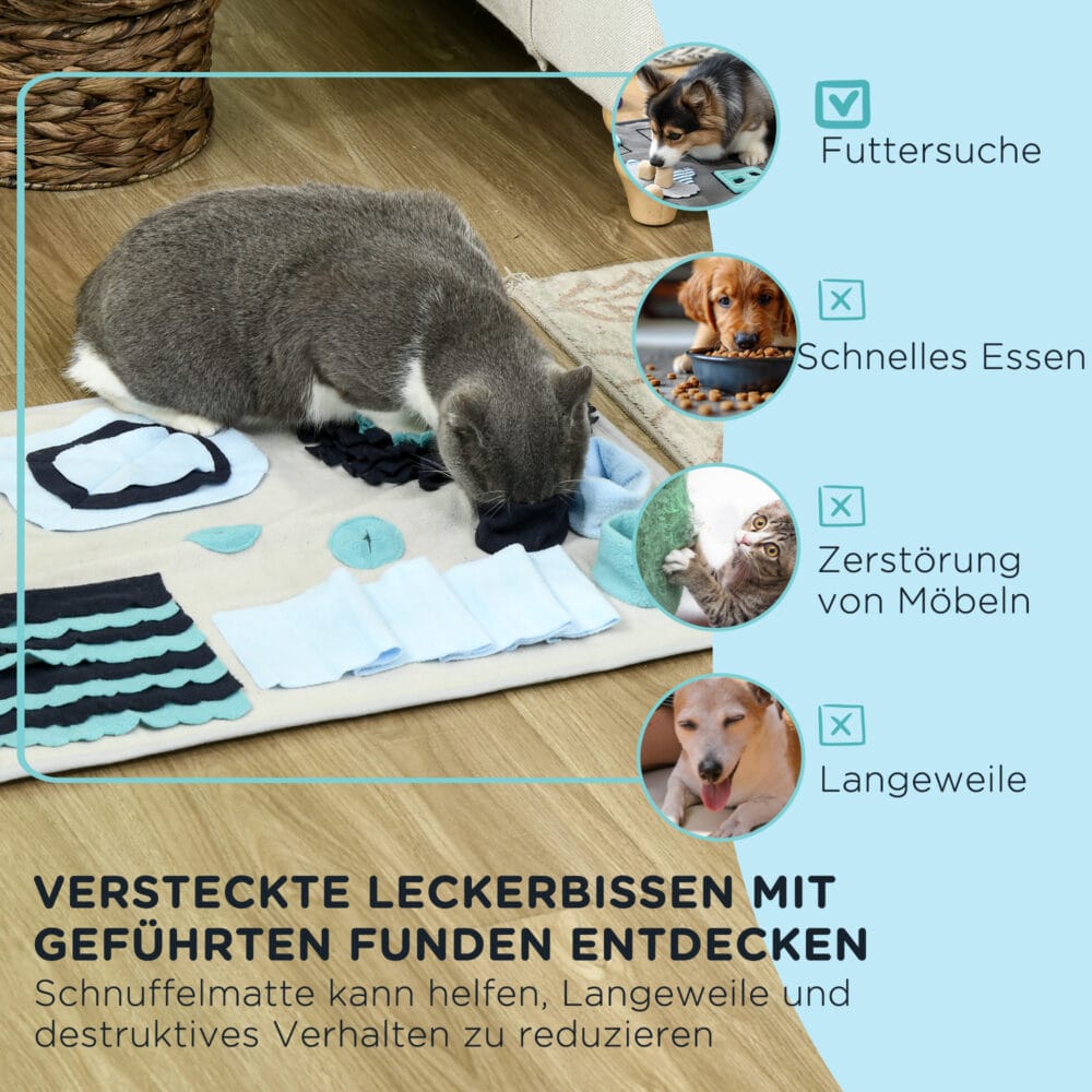 Bunter Schnüffelteppich aus Samt, ein Intelligenzspielzeug für Hunde, das die Nasenarbeit fördert und Langeweile vertreibt.