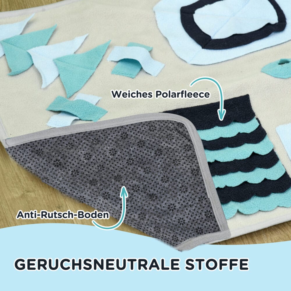 Bunter Schnüffelteppich aus Samt, ein Intelligenzspielzeug für Hunde, das die Nasenarbeit fördert und Langeweile vertreibt.