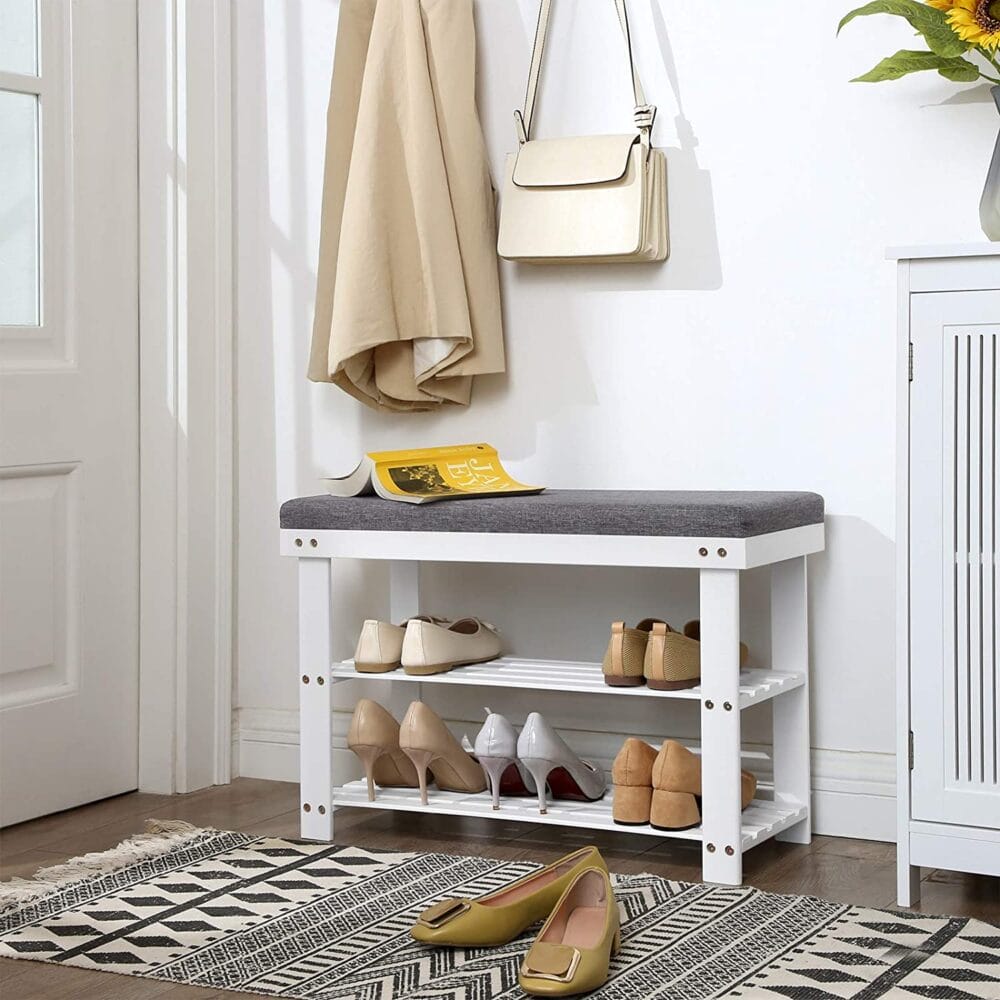 Schuhbank Sitzbank 2-stufig Bambus Weiss Grau