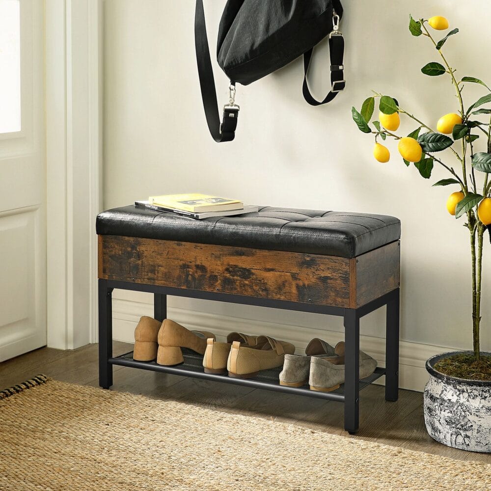 Schuhregal Schuhbank im Industrial Stil, 70x30x45cm, Kunstleder Schwarz