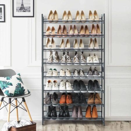 Schuhregal stapelbar 8 Ebenen Stahlgeflecht Grau
