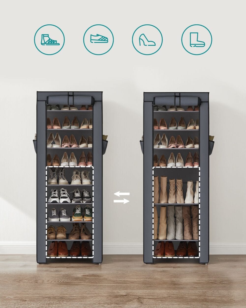 Grauer Schuhregalschrank mit zehn Etagen, platzsparendes Design für viele Schuhe.