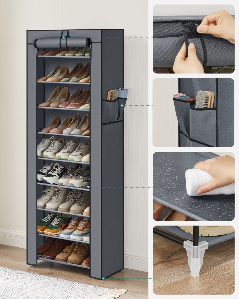 Grauer Schuhregalschrank mit zehn Etagen, platzsparendes Design für viele Schuhe.
