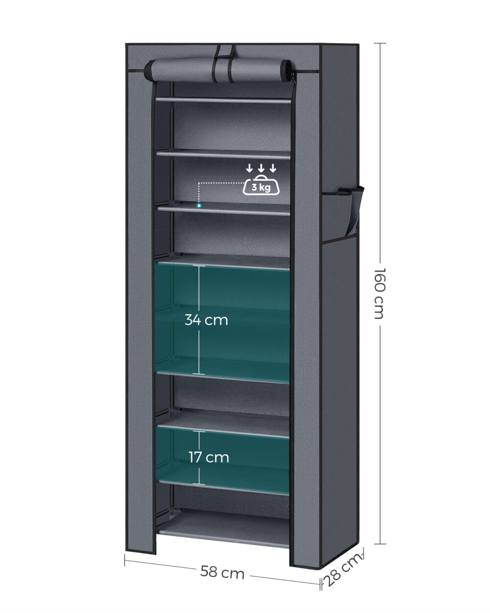 Grauer Schuhregalschrank mit zehn Etagen, platzsparendes Design für viele Schuhe.
