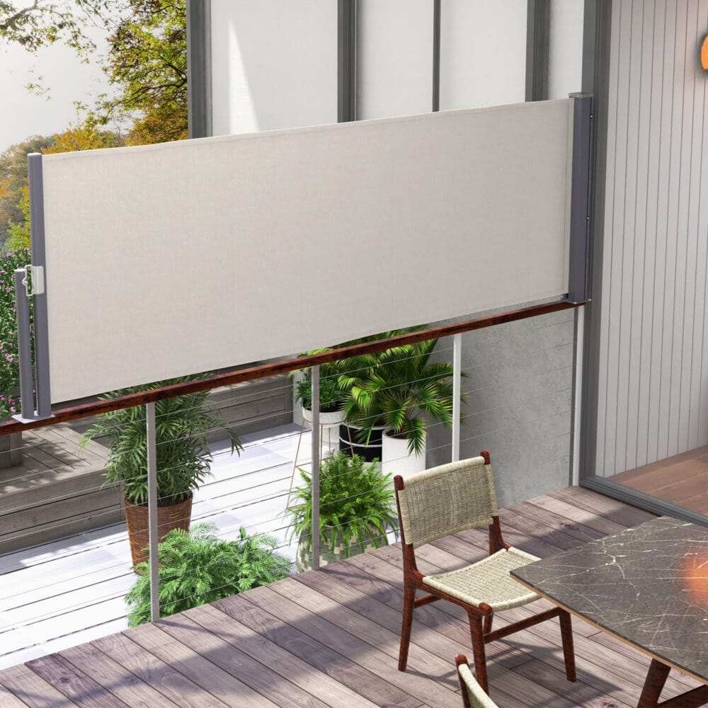 Hellgraue Seitenmarkise 300x100cm mit UV-Schutz und Windschutz.