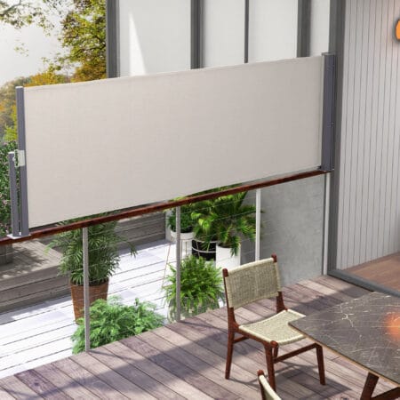 Hellgraue Seitenmarkise 300x100cm mit UV-Schutz und Windschutz.