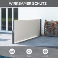 Hellgraue Seitenmarkise 300x100cm mit UV-Schutz und Windschutz.