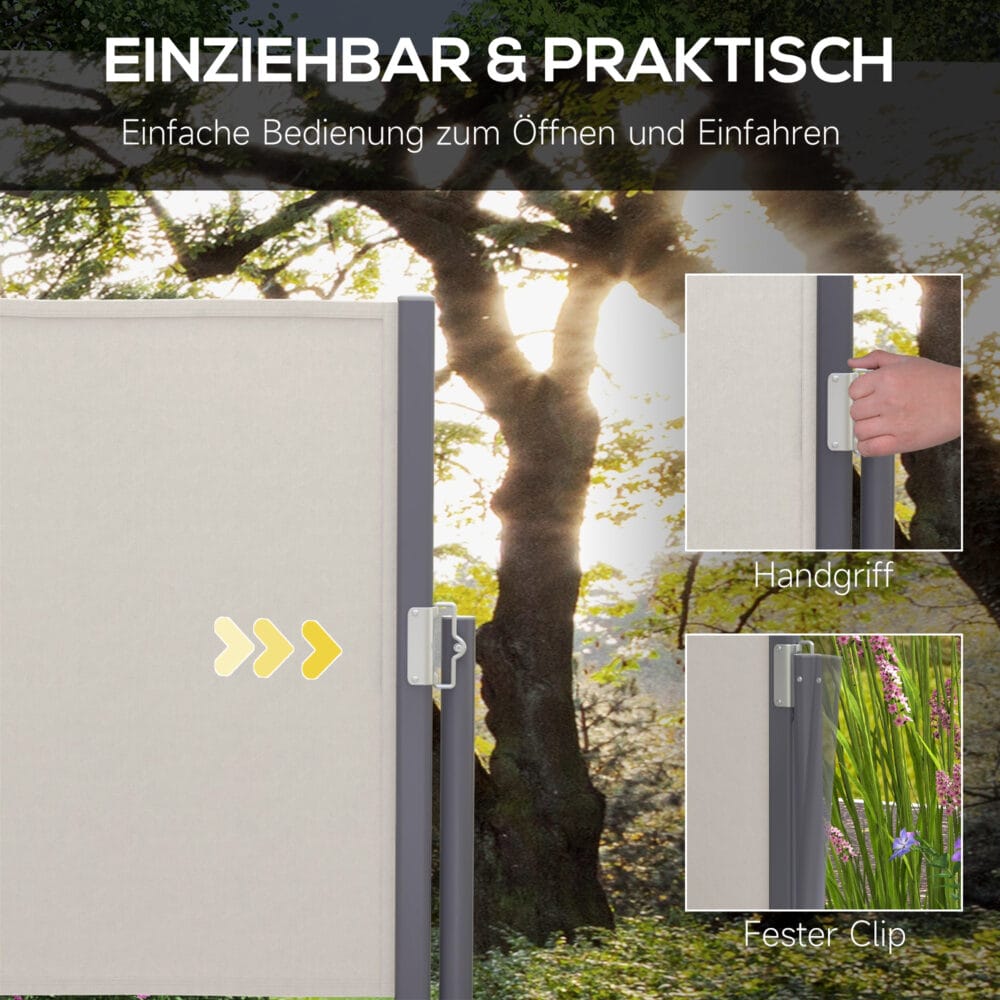 Hellgraue Seitenmarkise 300x100cm mit UV-Schutz und Windschutz.