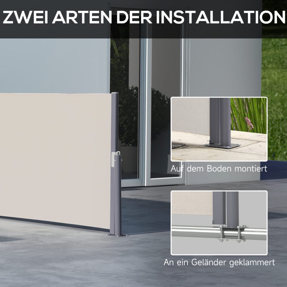 Hellgraue Seitenmarkise 300x100cm mit UV-Schutz und Windschutz.