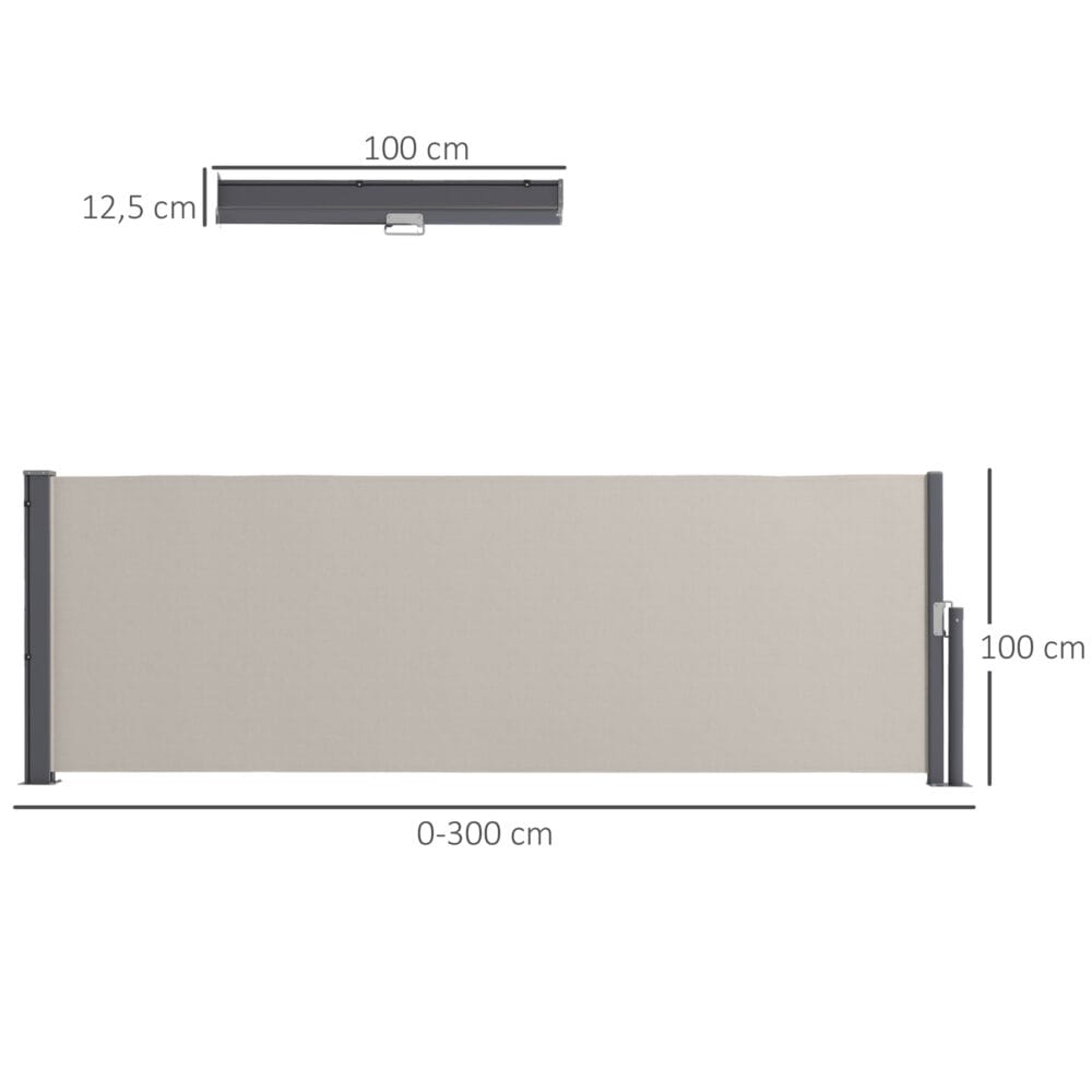 Hellgraue Seitenmarkise 300x100cm mit UV-Schutz und Windschutz.