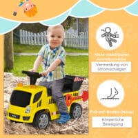 Gelber Sitzbagger als Babyfahrzeug für Kinder von 18-36 Monaten. Er bietet erste Fahrerfahrungen und fördert die Motorik.