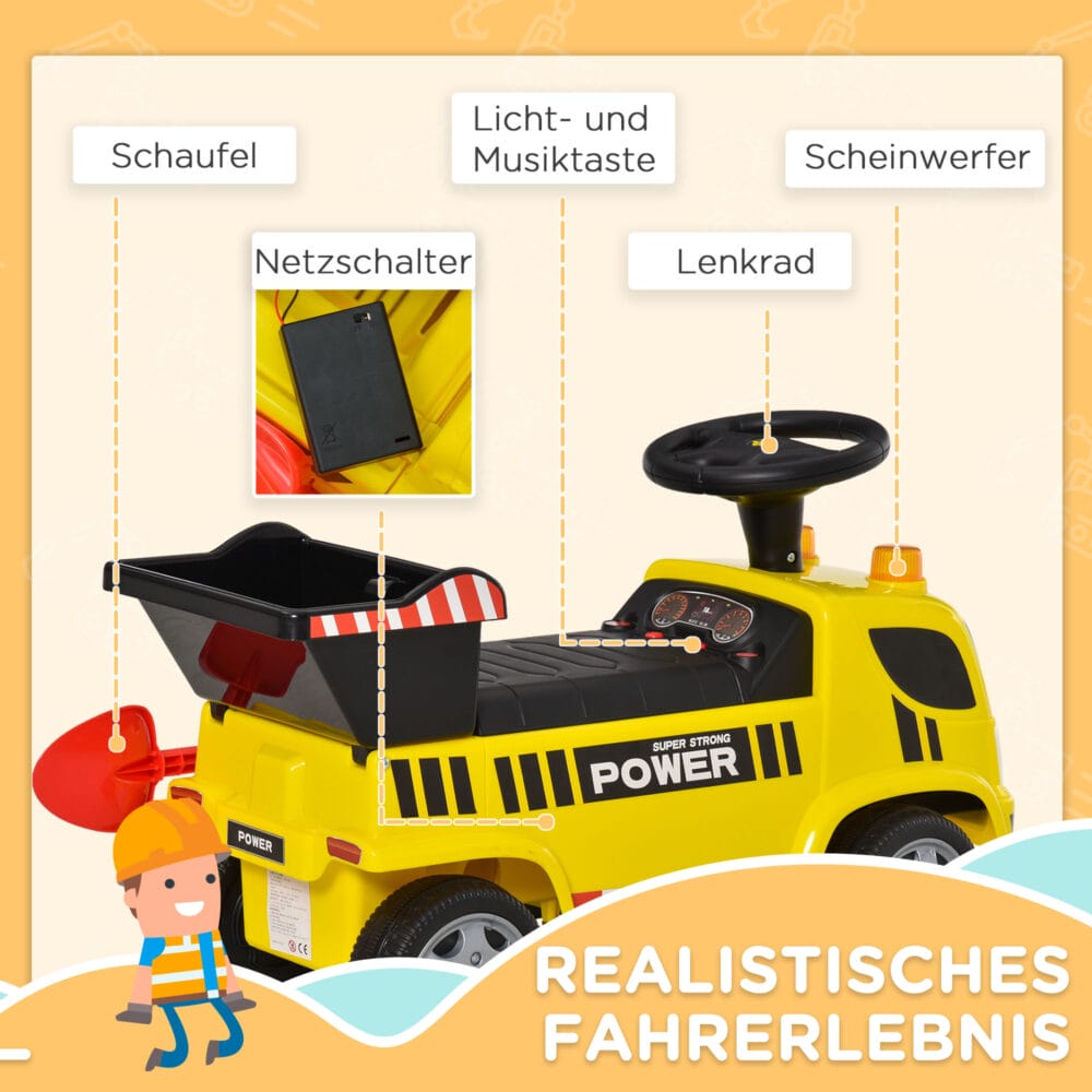 Gelber Sitzbagger als Babyfahrzeug für Kinder von 18-36 Monaten. Er bietet erste Fahrerfahrungen und fördert die Motorik.