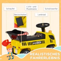 Gelber Sitzbagger als Babyfahrzeug für Kinder von 18-36 Monaten. Er bietet erste Fahrerfahrungen und fördert die Motorik.