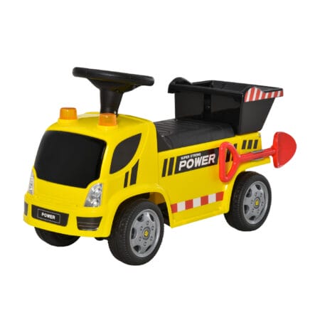 Gelber Sitzbagger als Babyfahrzeug für Kinder von 18-36 Monaten. Er bietet erste Fahrerfahrungen und fördert die Motorik.