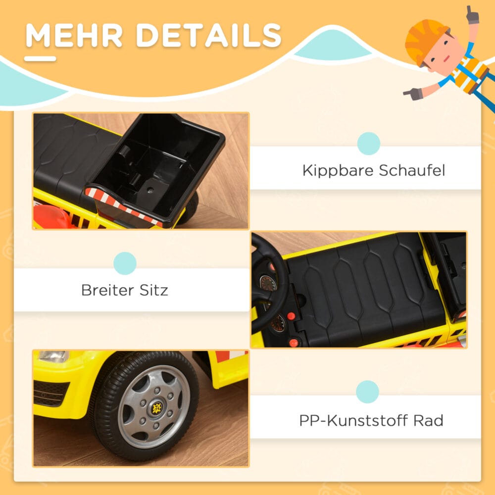 Gelber Sitzbagger als Babyfahrzeug für Kinder von 18-36 Monaten. Er bietet erste Fahrerfahrungen und fördert die Motorik.