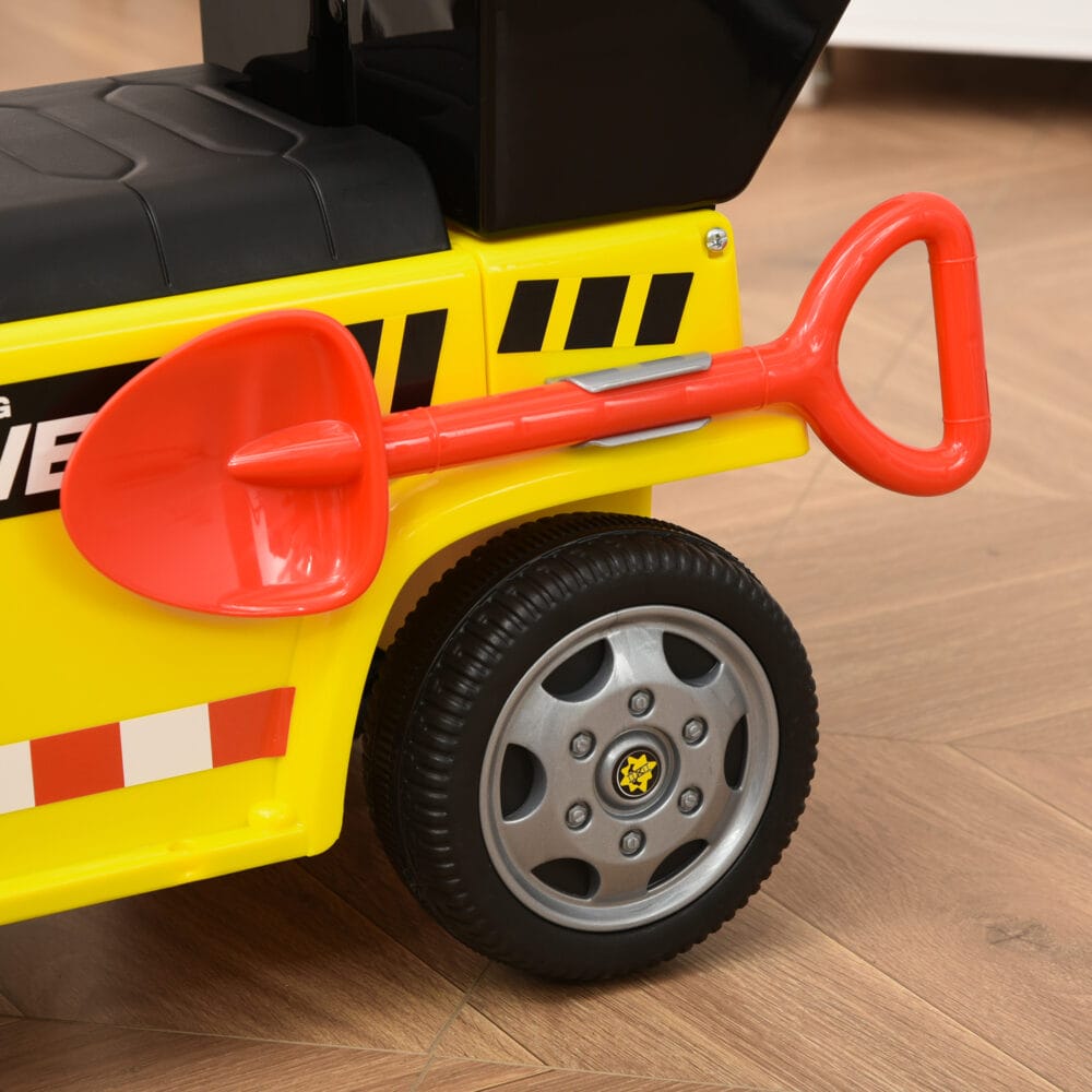 Gelber Sitzbagger als Babyfahrzeug für Kinder von 18-36 Monaten. Er bietet erste Fahrerfahrungen und fördert die Motorik.