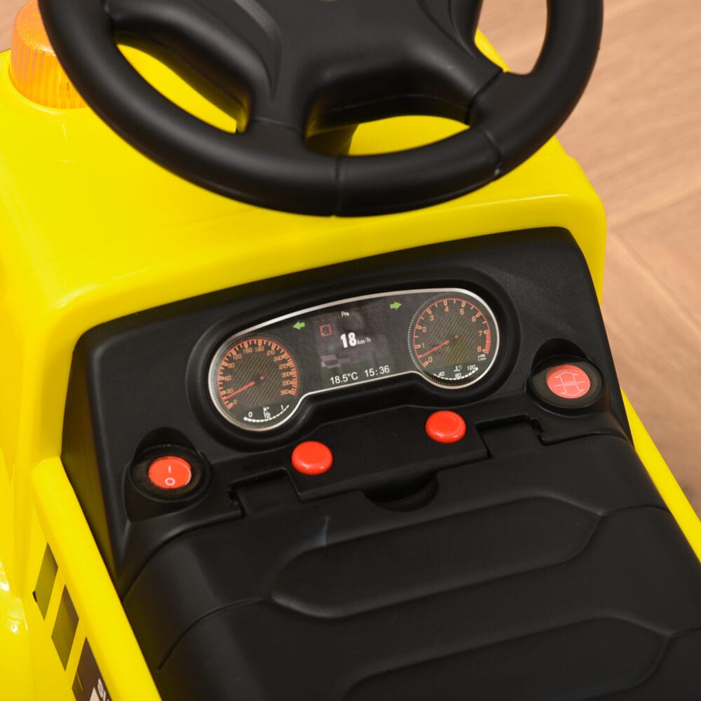 Gelber Sitzbagger als Babyfahrzeug für Kinder von 18-36 Monaten. Er bietet erste Fahrerfahrungen und fördert die Motorik.