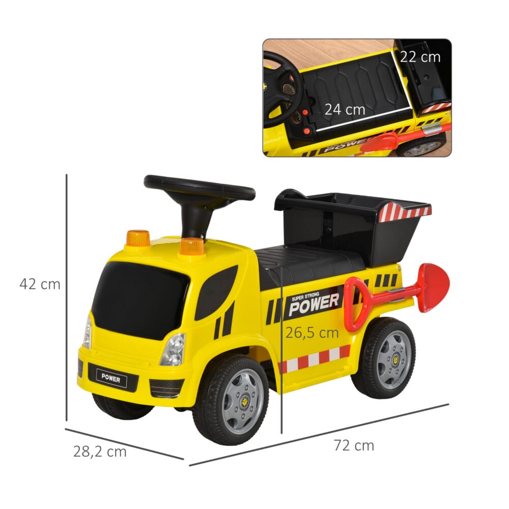 Gelber Sitzbagger als Babyfahrzeug für Kinder von 18-36 Monaten. Er bietet erste Fahrerfahrungen und fördert die Motorik.