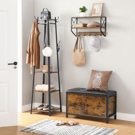 Sitzbank Holztruhe mit Staufach, Industrial Stil, 80x40x50cm, Holz Braun